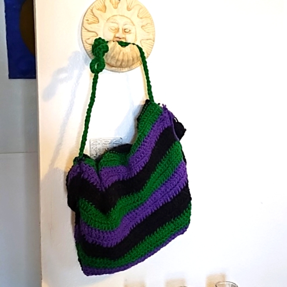 Crochet Yarn Bag purple green black hobo